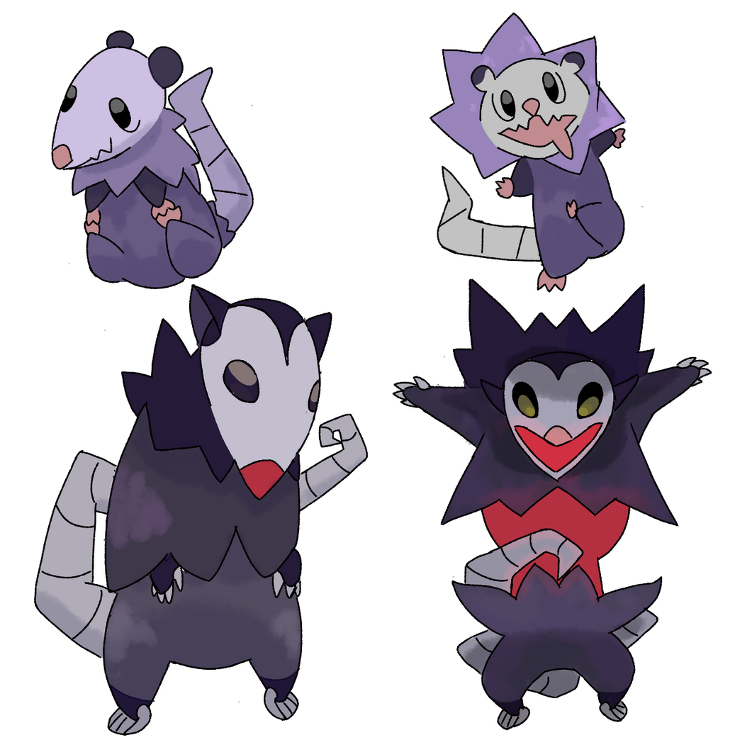 Hastily designed opossum ghost fakemon line + forms. Altogether made in one day.