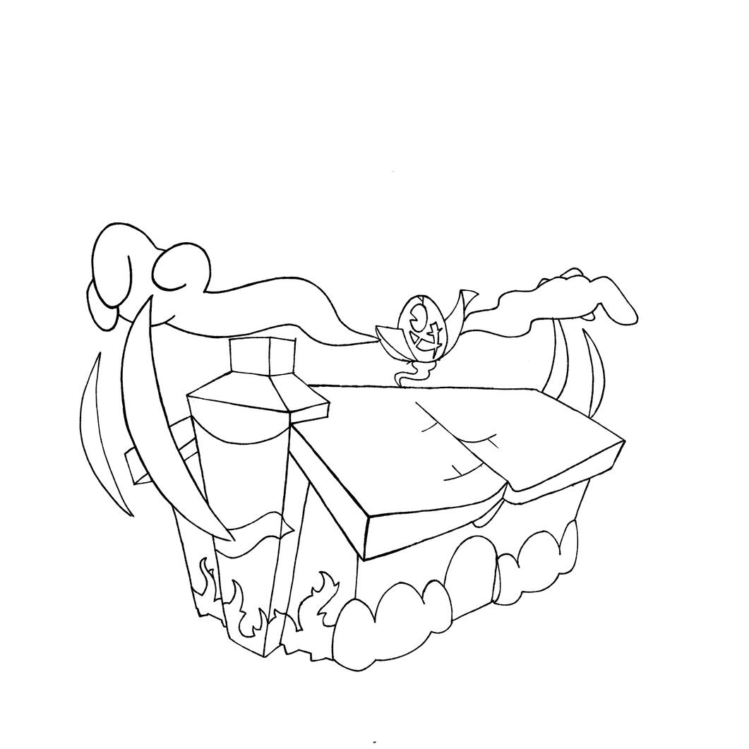 An unfinished fakemon- my attempt at designing one that incorporates an entire building in its design.